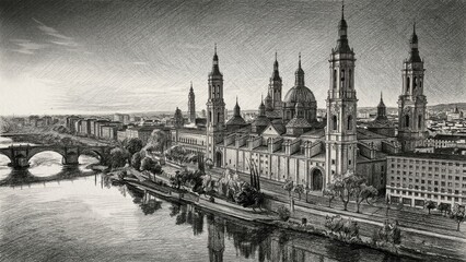 Obraz premium Pencil drawing of Basilica of Our Lady of the Pillar (Basilica de Nuestra Senora del Pilar) and Puente de Piedra bridge in Zaragoza, Aragon, Spain.