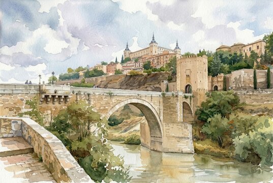 Watercolor painting of Alcantara Bridge (Puente de Alcantara) and the Alcazar (Alcazar de Toledo) in Toledo, Spain, featuring the Tagus river and historic walls.