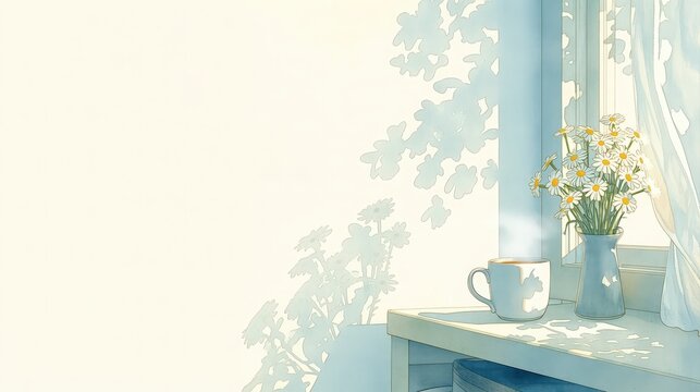 水彩画で描かれた窓際のティータイム