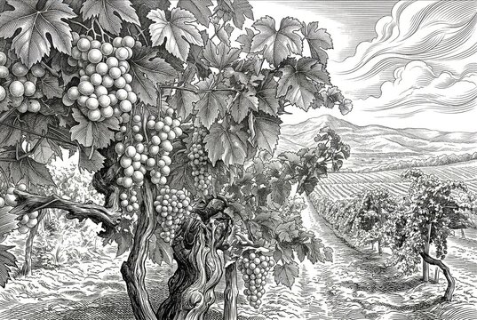 Classic engraving of a lush vineyard in La Rioja, Spain (La Rioja, Espana). Detailed grape vines and clusters with a scenic mountain backdrop in the countryside.