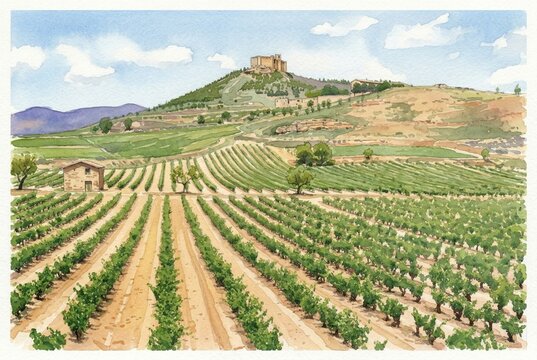 Watercolor painting of a Spanish vineyard in La Rioja region with the Davalillo Castle (Castillo de Davalillo) on a hill.