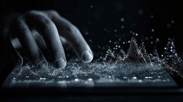 hands interacting with virtual data charts above tablet, digital analytics concept, copy space