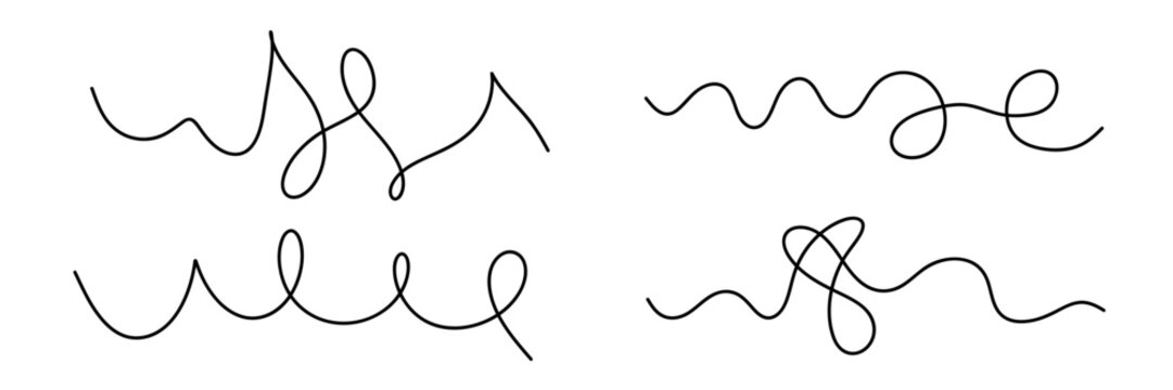 Four abstract curly squiggle handdrawn doodle lines with loops. Simple wavy wiggly graphic elements. Vector illustration.