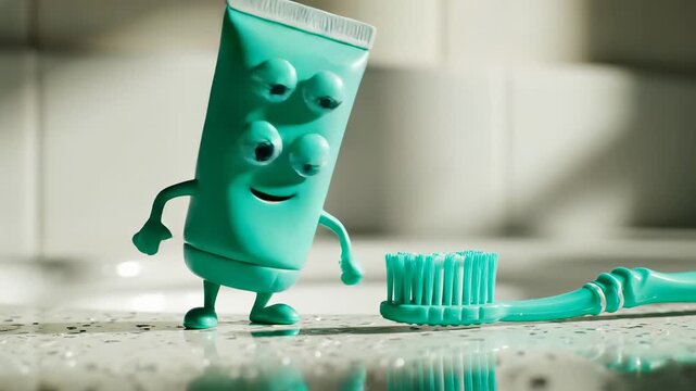 Playful toothpaste character interacts with toothbrush. Fun morning routine for kids promotes dental hygiene. Bright colors create cheerful atmosphere for engaging content.