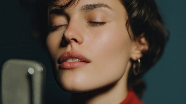 Woman singer with closed eyes performing music in a recording studio, passionately expressing emotion into a vintage microphone, capturing the soulful artistry of sound