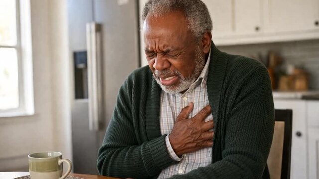Senior man suffering heart attack at home.