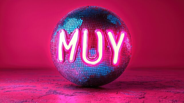 Shiny disco ball with neon lights spelling "MUY