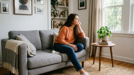 Obraz premium Young woman sitting grey sofa living room She Beautiful