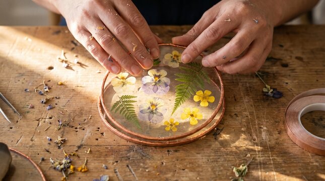 Hands arranging pressed dried flowers into a glass suncatcher craft