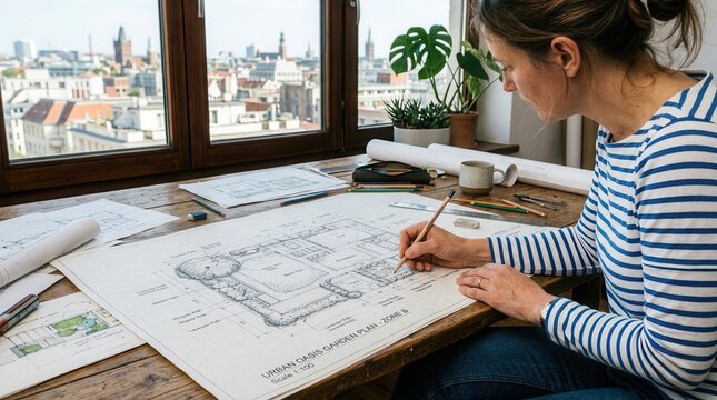 Person hands holding pencil drawing large sheet paper Young female landscape designer