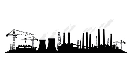 Fototapeta premium Industrial factory silhouette with cooling towers and cranes, pollution concept