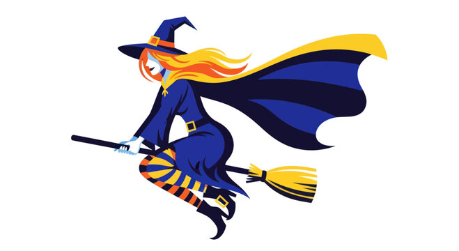 Halloween Witch Flying Broomstick, Magical Character, Orange Hair, Blue Costume, Isolated