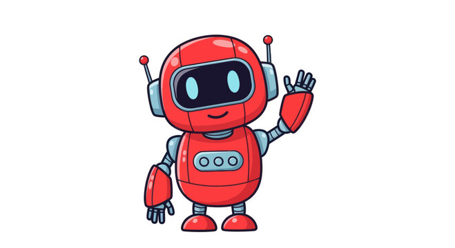 Friendly Red Robot Waving Hello, Cartoon Style, Isolated on White Background