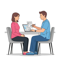 Fototapeta premium Doctor consulting patient, reviewing medical records on laptop, white background