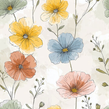 A beautiful seamless pattern featuring hand-drawn watercolor flowers in soft pastel shades of yellow, blue, green, and coral on a textured beige background.