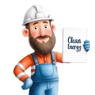 Watercolor cartoon illustration of oil rig worker promoting clean energy, ideal for educational design on a white background