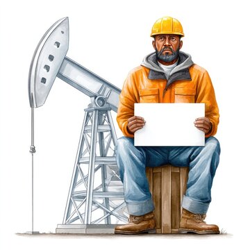 Watercolor cartoon of oil rig worker in hard hat holding sign with pumpjack in background for industrial design on a white background
