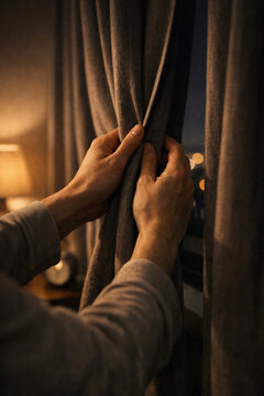 Closing Curtains At Night Sleep Routine Healthy Lifestyle Scene