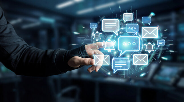 Hand Interacting with Digital Communication Icons on Futuristic Background