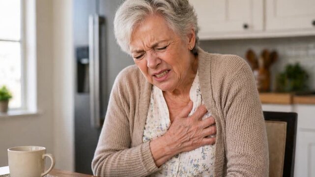 Senior woman suffering heart attack at home.
