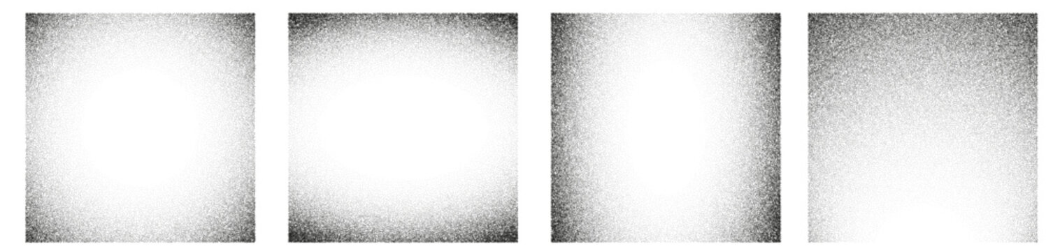 Set of square black round vignette gradient backgrounds with old film texture. Realistic transparent overlays with gritty and noise. Grainy texture frames.Distressed retro movie photo negative effect