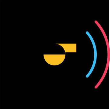 Flat design yellow whistle emitting colorful sound waves against a solid black square frame illustration