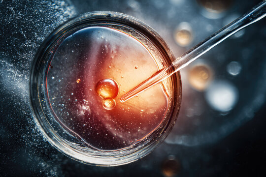 Egg freezing lab process shown with pipette handling egg cell in petri dish under laboratory light, highlighting scientific and medical procedure