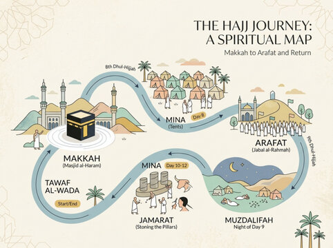 Hajj Journey Map Infographic Vector Step by Step Islamic Pilgrimage Guide from Mecca to Arafat and Mina