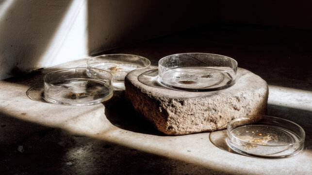 Egg freezing lab process involves transparent petri dish on rough stone surface in sunlight, highlighting scientific procedure and sterile environment