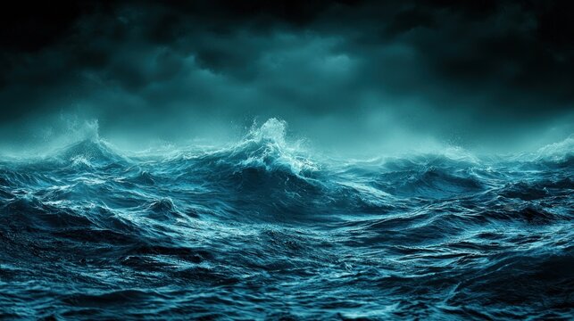 Stormy waves crashing ocean under a dark sky