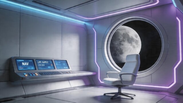 Futuristic space station interior with moon view