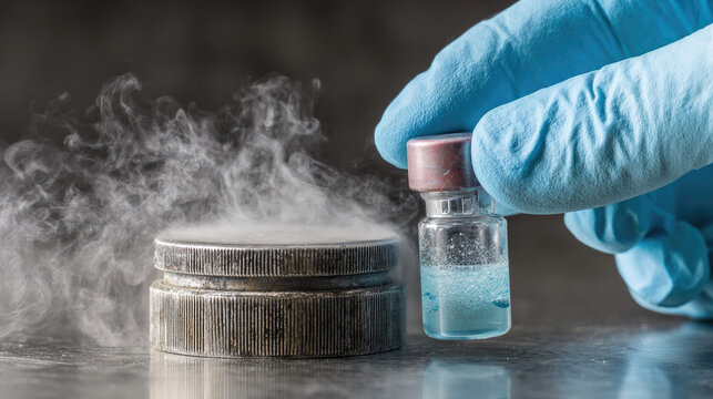 Egg freezing lab process shown with gloved hand holding vial containing frozen sample, surrounded by cold vapor in scientific laboratory environment