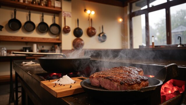 A pan seared steak in a restaurant kitchen, surrounded by various cooking tools.