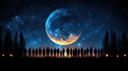 Fototapeta premium Silhouettes under moonlit starry sky
