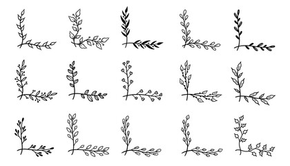 Obraz premium Hand Drawn Floral Corner Elements Set — Minimal Botanical Frames and Leaf Borders Collection