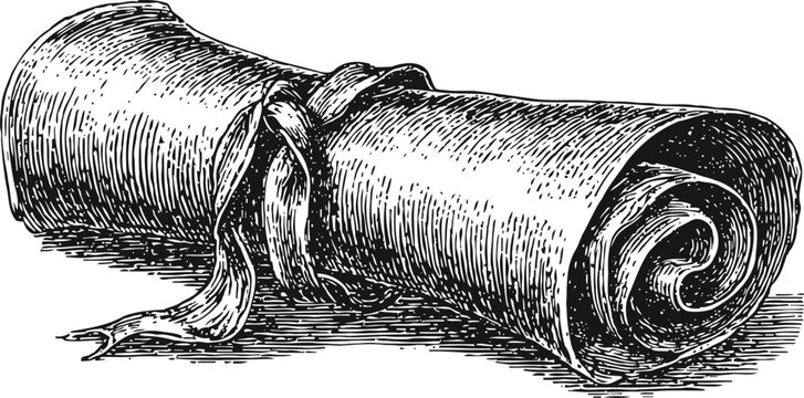 Rolled parchment scroll tied with ribbon vintage paper document illustration, old writing material for messages or certificates