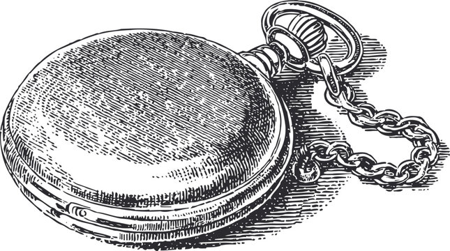 Vintage pocket watch closed with chain old fashioned timepiece engraving illustration