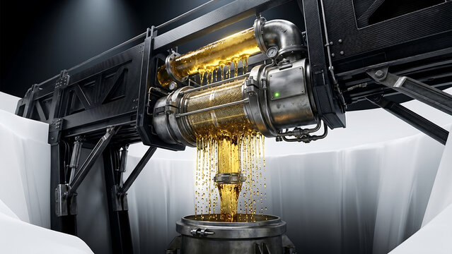 A large industrial machine pours golden liquid metal into a round container in a factory setting with a dark background and spotlight.