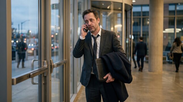 Burned out office worker making final call near exit shows inability to disconnect, work spillover and realistic emotional fatigue after long day.