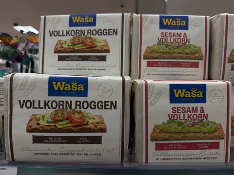 Palma, spain, may 2, 2026, wasa crispbread packages on supermarket shelf displaying vollkorn roggen and sesam and vollkorn varieties, healthy food options