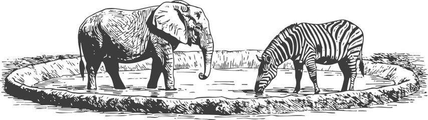 Obraz premium Black and white hand drawing of elephant and zebra drinking water from waterhole, wildlife animals