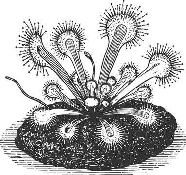 Illustration of a mucor mold fungus growing on organic material with spore dispersing structures