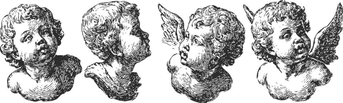 vintage cherub heads illustrations with wings, angelic figures in classical art