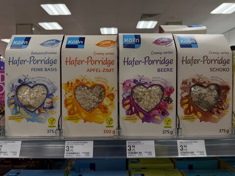 Palma, spain, may 2, 2026, kolln hafer porridge oatmeal boxes on a supermarket shelf, offering different flavors for a healthy and vegan breakfast