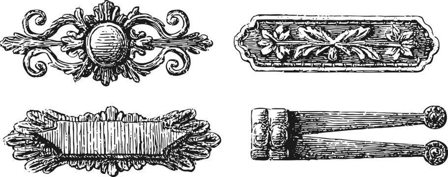 vintage ornamental decorative elements and borders in black and white engraving