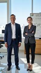 Fototapeta premium Two businessmen standing confidently side by side in an office, dressed professionally. They appear to be colleagues or partners in their workplace.