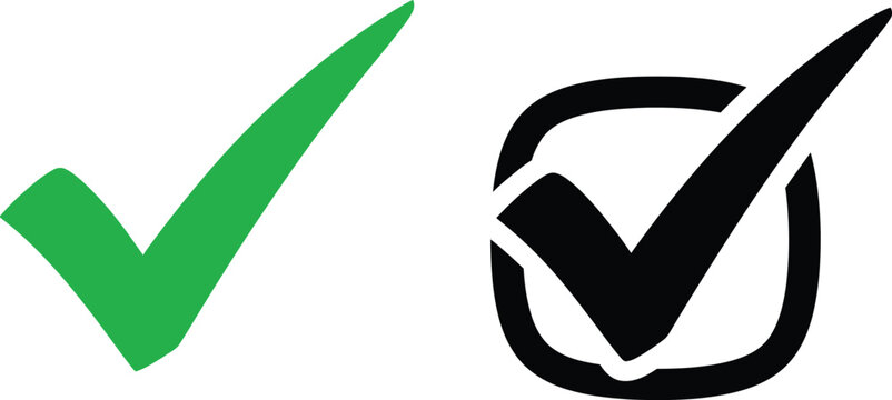 Green check mark and black tick icon inside a square box Vector