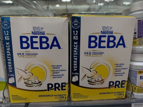 Palma, spain, may 2, 2026, nestle beba pre infant milk formula on supermarket shelf, showing nutrition, baby feeding, and parenting concepts