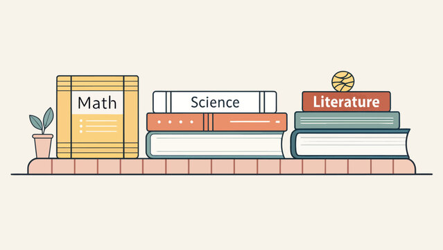 Colorful illustration of books on a shelf with math science and literature