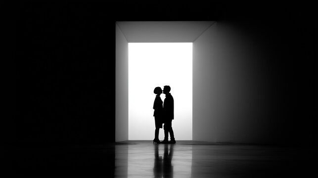 Silhouette Romance: Two figures embrace in a tender kiss, their silhouettes framed by a bright opening, expressing love and connection in a moment of pure emotion.